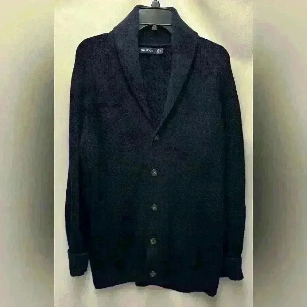 Nautica Blue Ribbed Cotton Shawl Collar Cardigan Size Medium Tan elbow patches